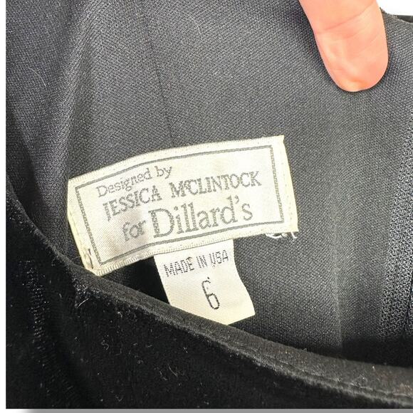 Jessica McClintock For Dillards 90's Black Velvet Gray Stripe Long Sleeve Gown - Picture 6 of 8